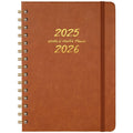 Brown twin-wire 2025–2026 weekly and monthly planner with gold-stamped cover.