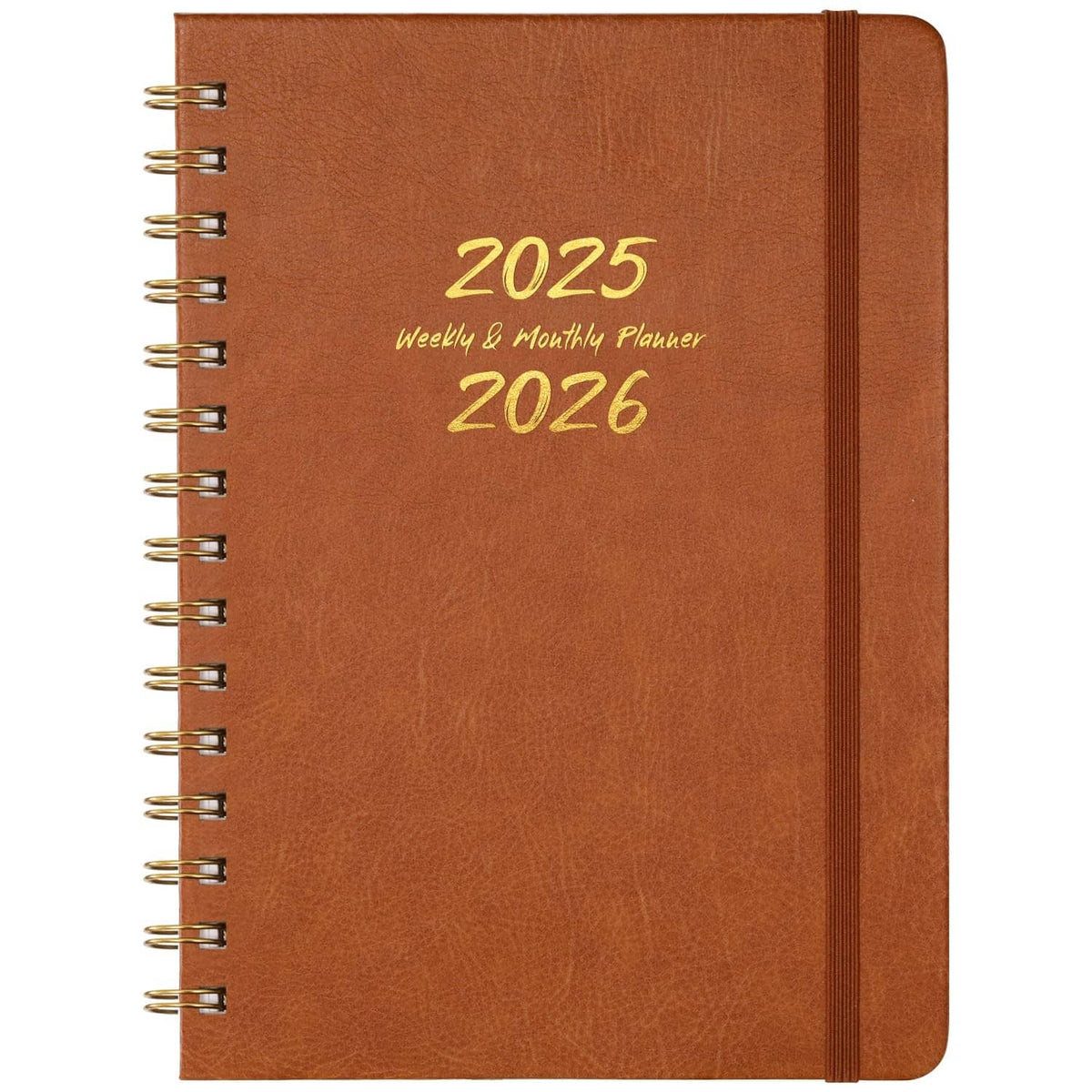 Brown twin-wire 2025–2026 weekly and monthly planner with gold-stamped cover.