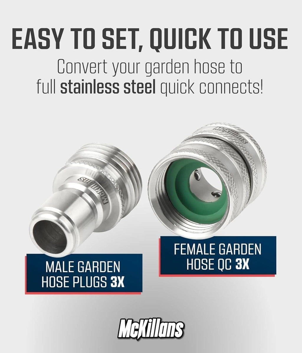 Stainless quick-connect couplers with green O-ring, showing male and female ends
