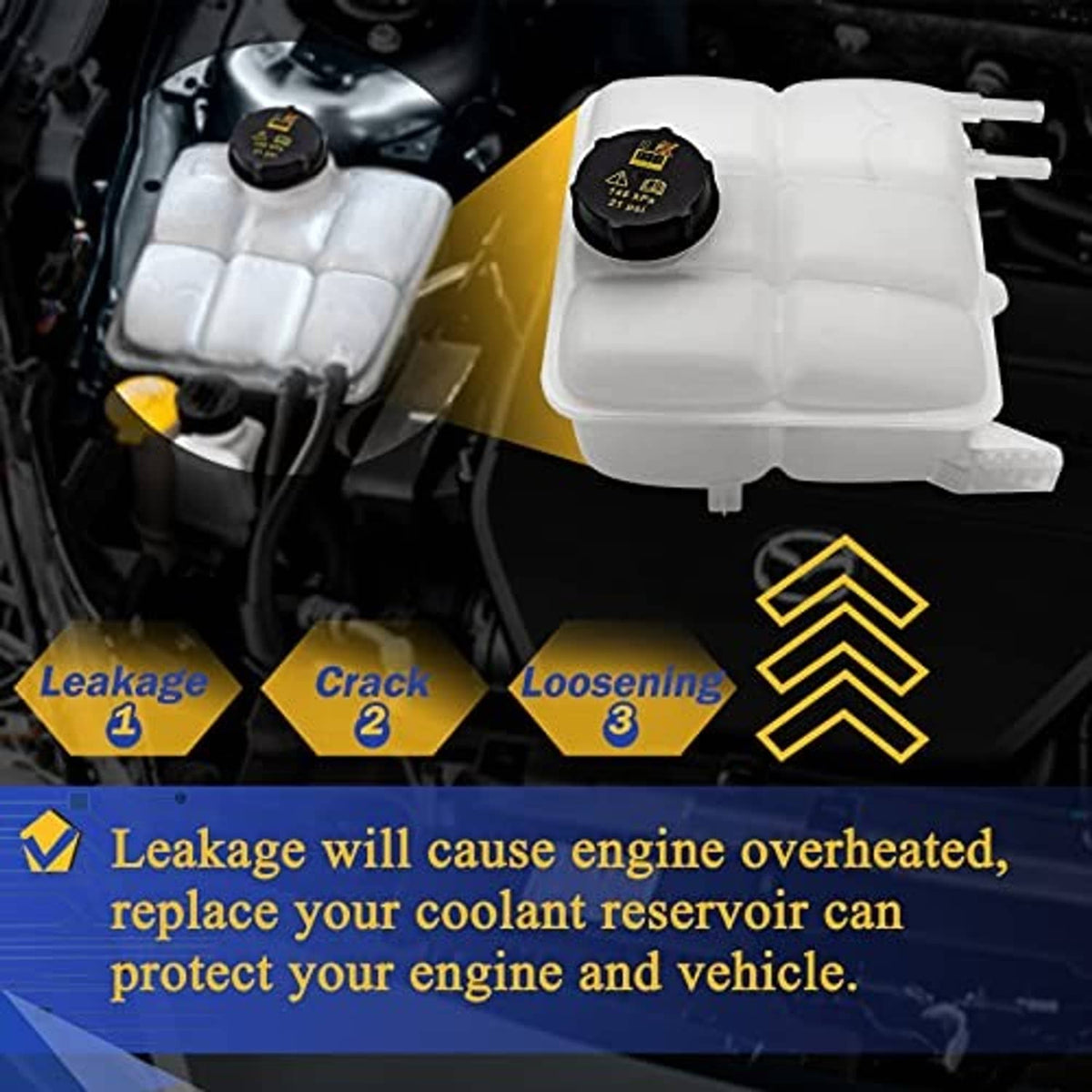 Coolant reservoir expansion tank in engine bay with black cap on top