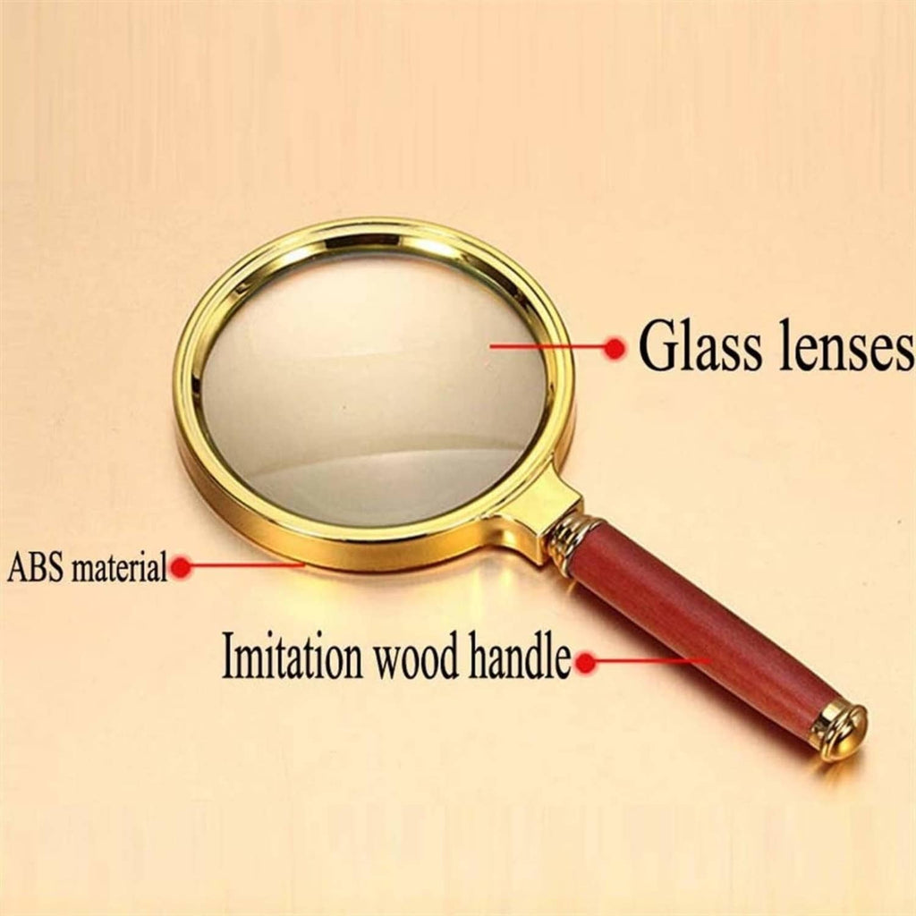 Magnifying glass showing glass lens, ABS material, and imitation wood red handle