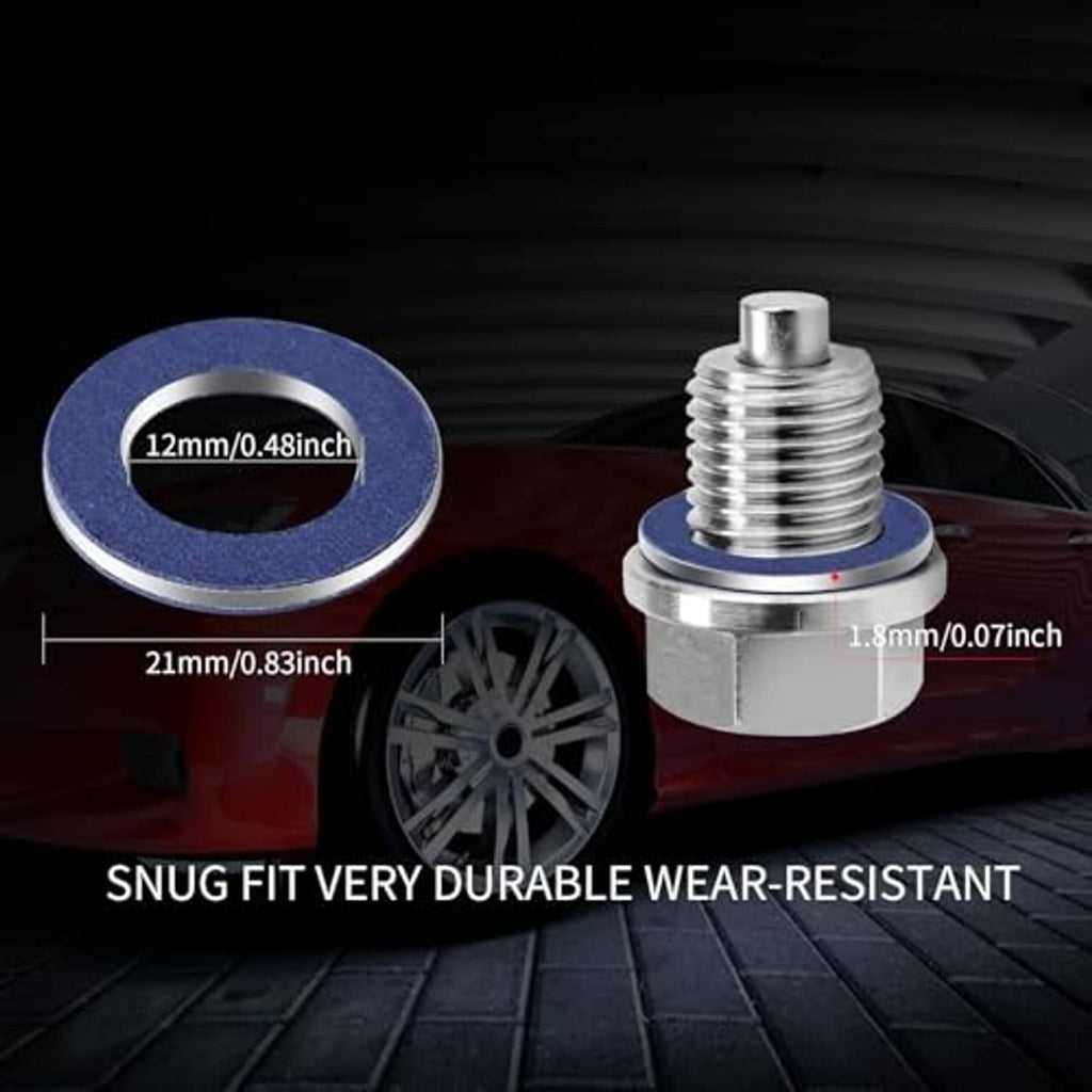Oil drain plug gasket washer pair with blue seal and silver metal ring on threaded stud