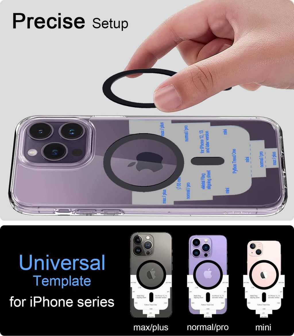 Hand applies metal ring sticker to a clear phone case, centered ring alignment