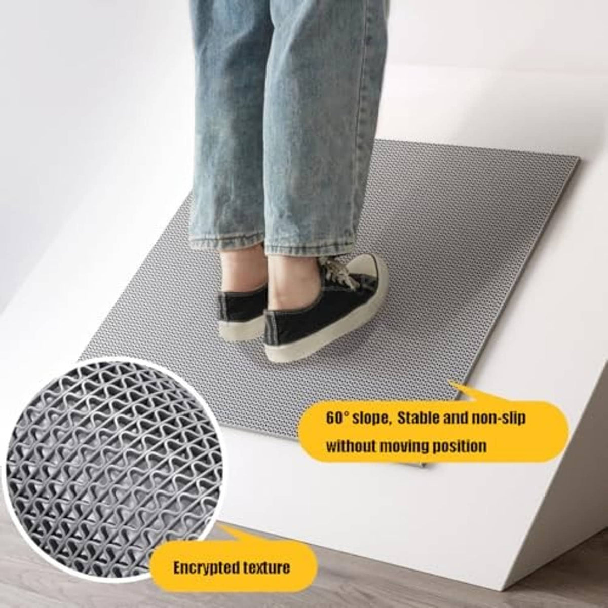 Gray pool deck floor mat with textured anti-slip surface, flat runner underfoot