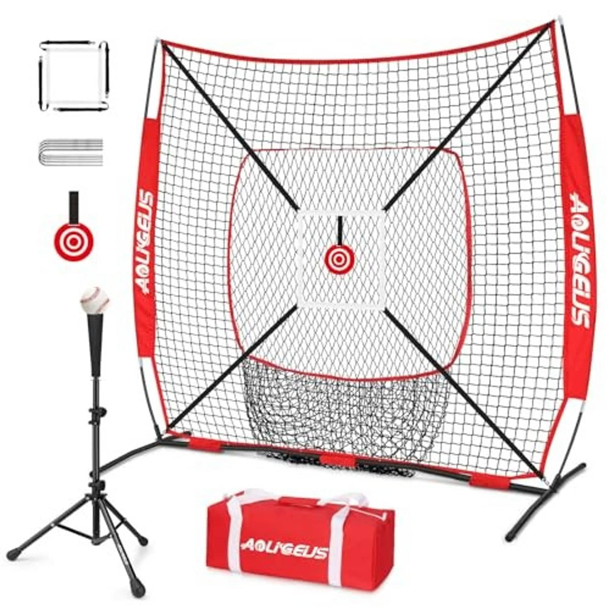 Red 6x6 pitching practice net with black grid, circular target, and folded base bag