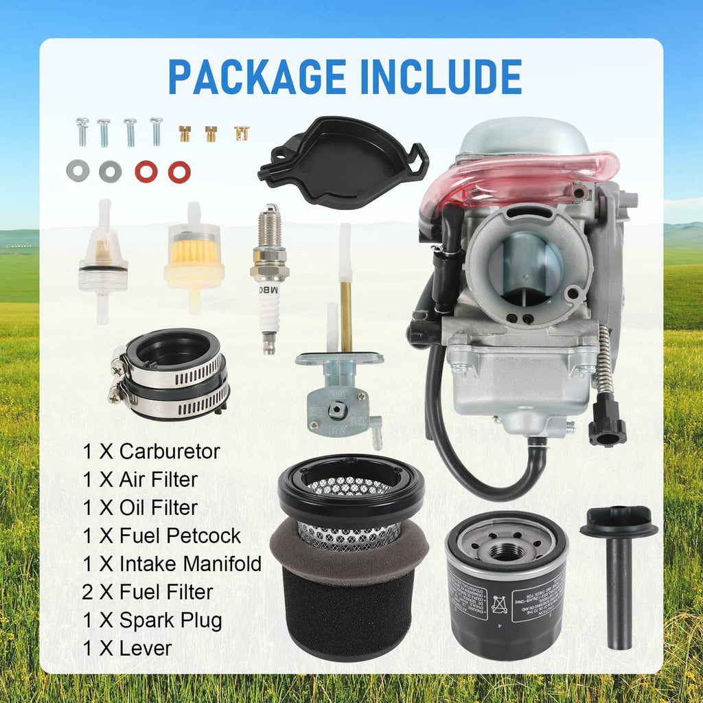 Carburetor kit with air filter, oil and fuel parts, and mounting hardware.