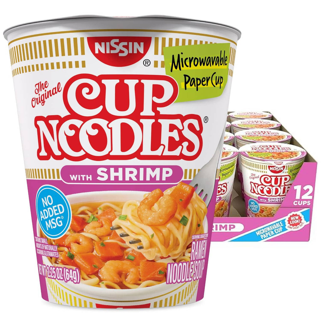 Microwaveable paper cup of Cup Noodles with shrimp flavor, red-and-yellow label