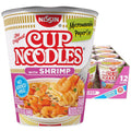 Microwaveable paper cup of Cup Noodles with shrimp flavor, red-and-yellow label