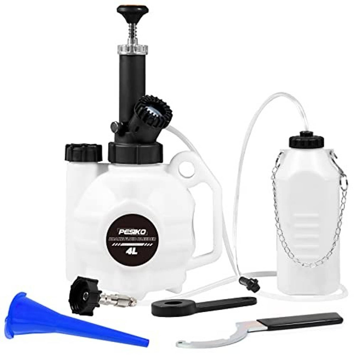 Brake bleeder kit set with white 4L reservoir, black pump, bleeding hose, funnel