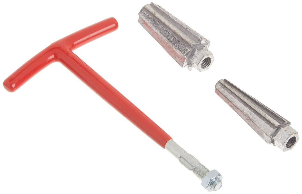Red T-handle extractor with bolt and two zinc-plated metal pieces