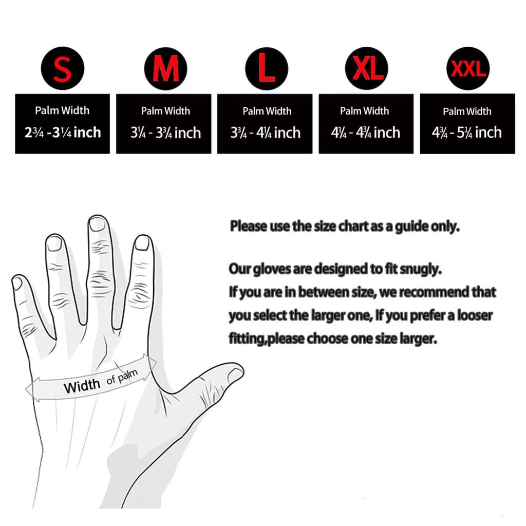 Glove size chart for S–XXL showing palm width measurements