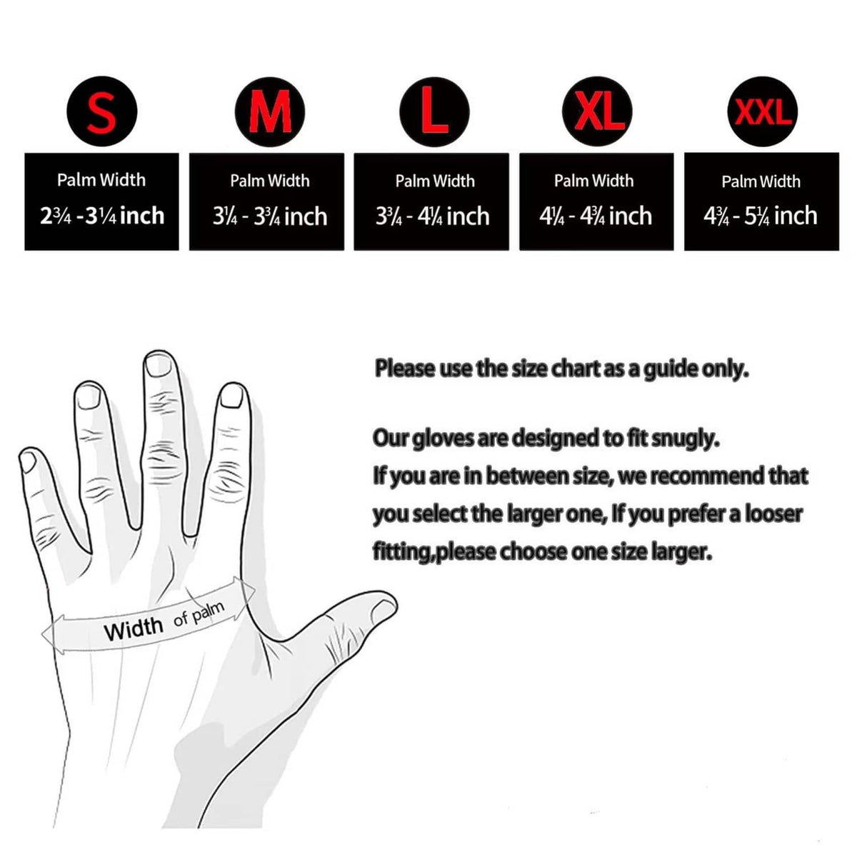 Glove size chart for S–XXL showing palm width measurements