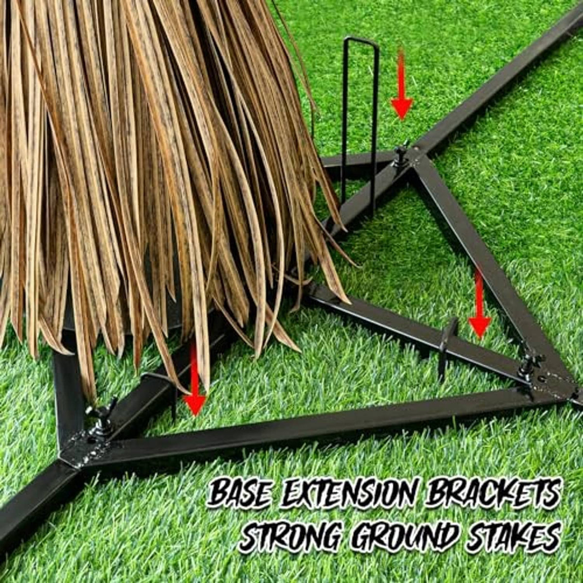 Witch decoration ground stake base with reinforced brackets and broom bristle bundle