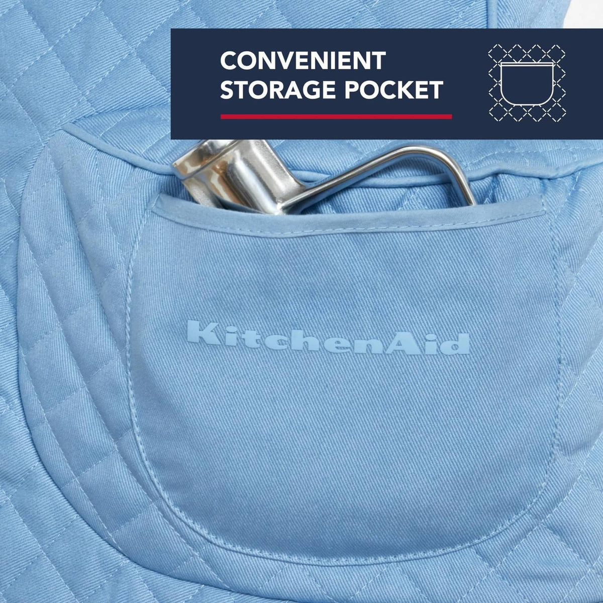 Blue stand mixer cover featuring a front storage pocket with stitched opening