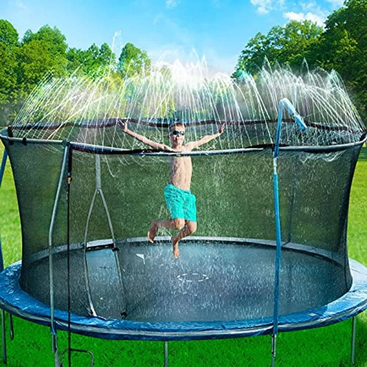 Black trampoline water sprinkler with multiple jets spraying from the side posts over the mat