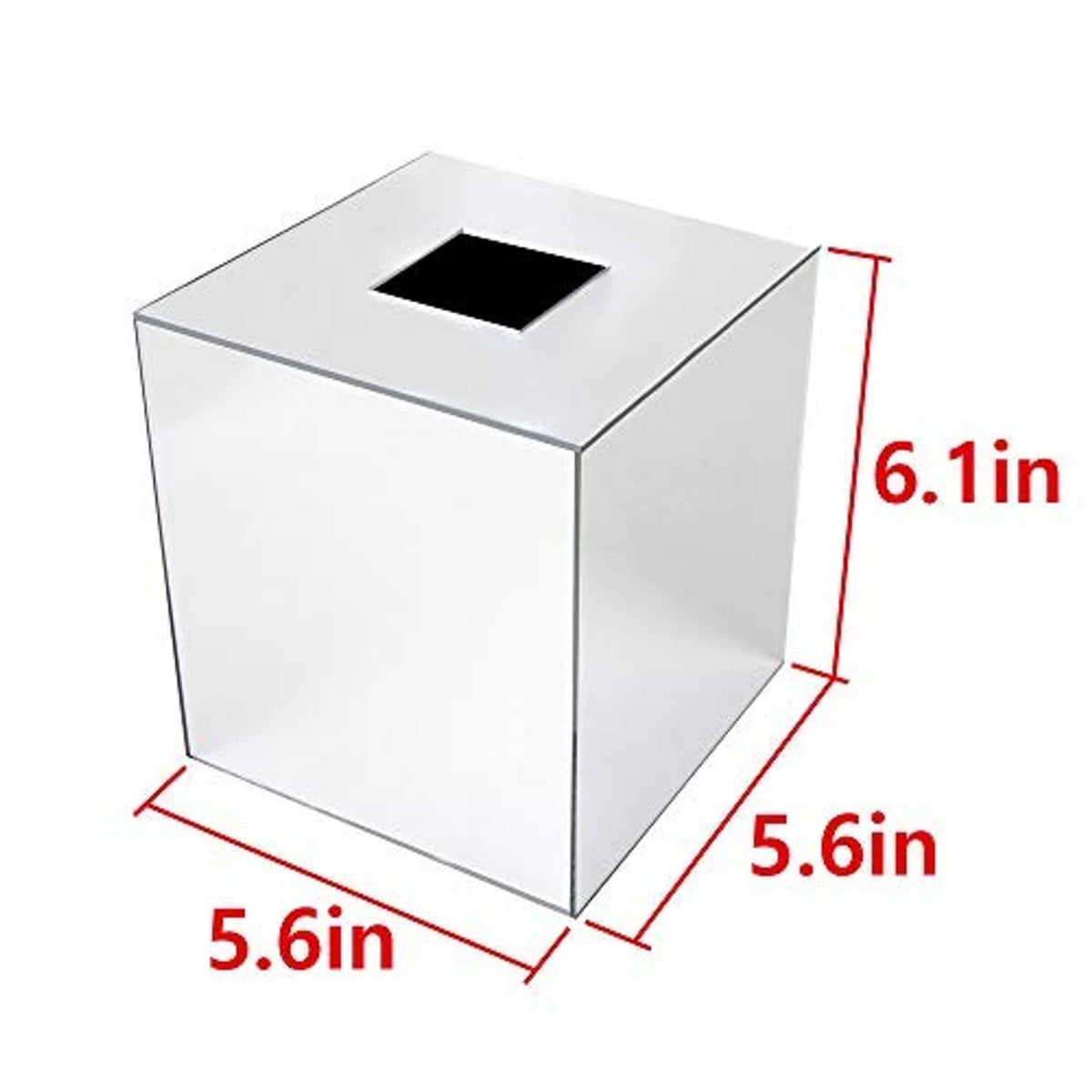 Square acrylic mirror tissue box cover with top opening and shown size proportions