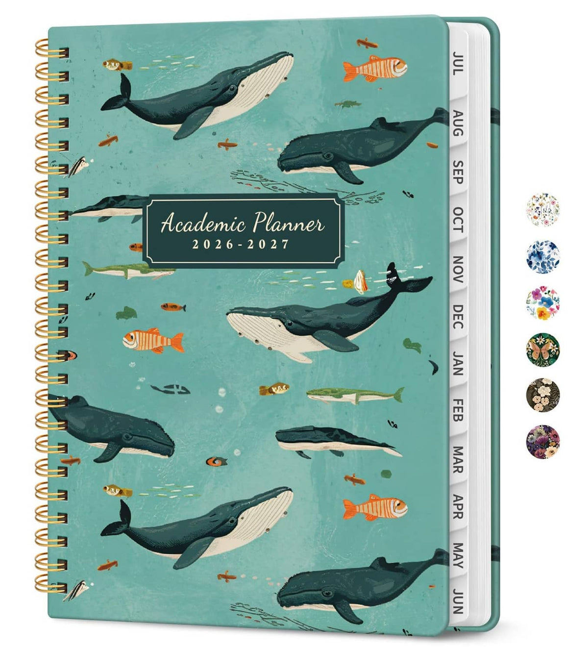 Teal academic planner with whale cover, spiral binding, monthly layout, 2026–2027
