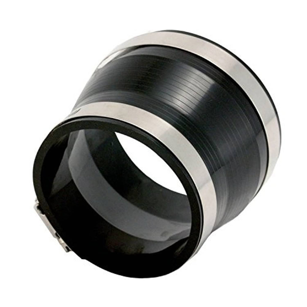 Black duct coupler reducer with silver rim and flanged open end sleeve