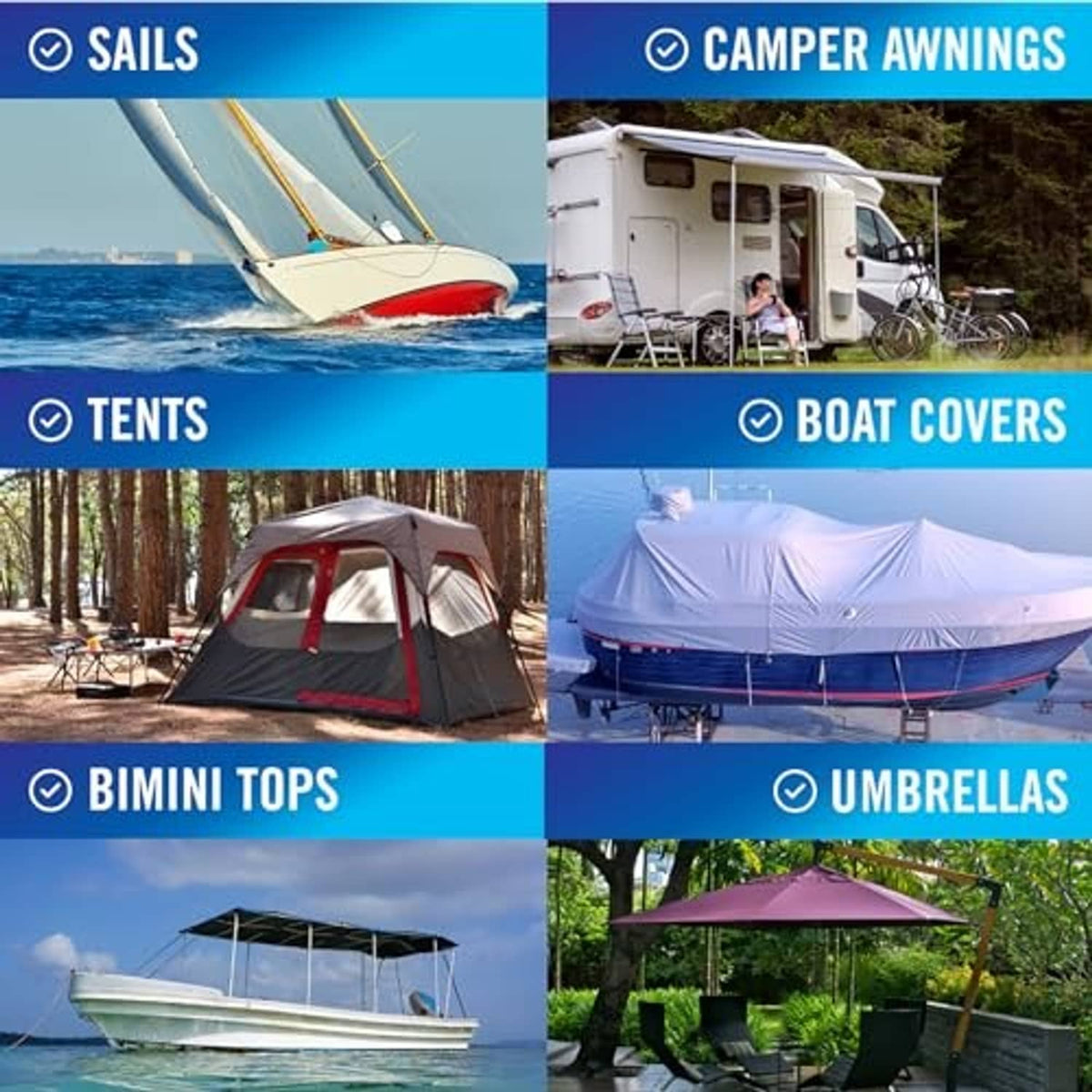 Repair tape application chart showing uses like sails, awnings, tents, and boat covers.