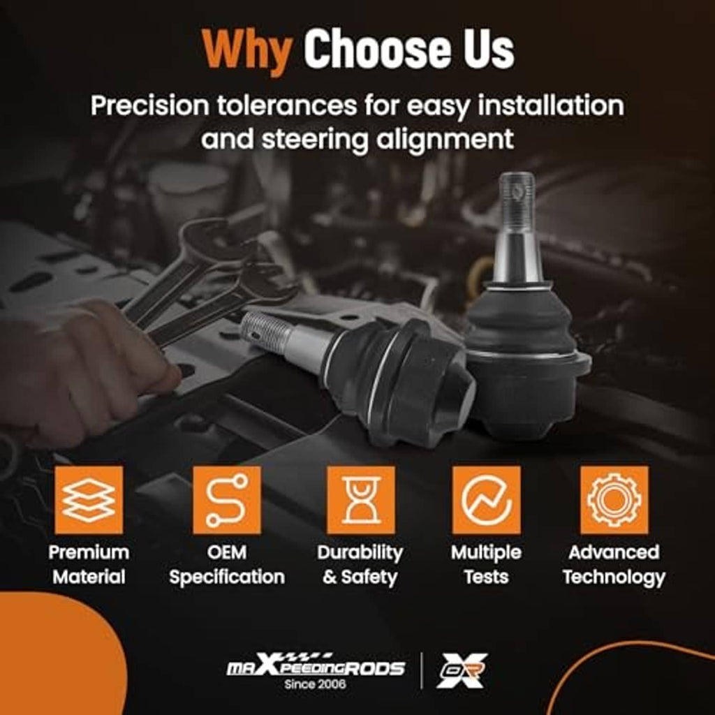 Ball joint kit promo graphic with precision tolerances and alignment info