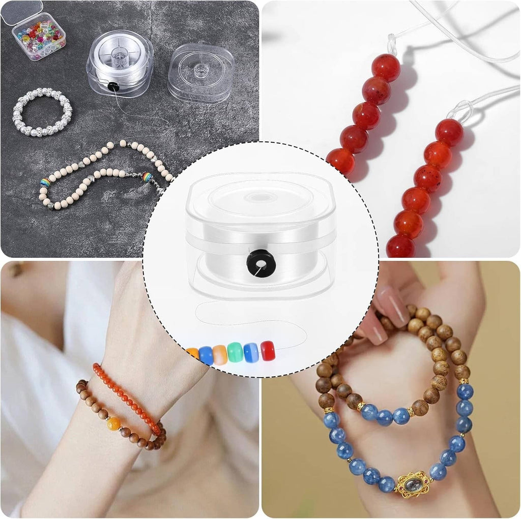 White elastic string making beaded bracelets; clear spool shown above the finished pieces