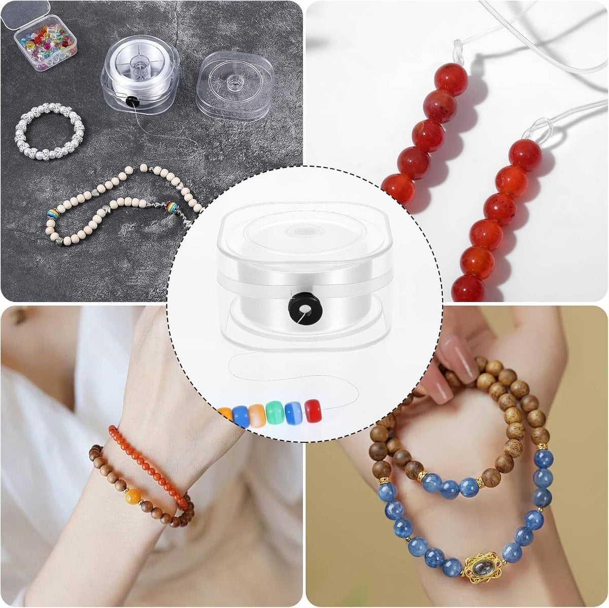 White elastic string making beaded bracelets; clear spool shown above the finished pieces