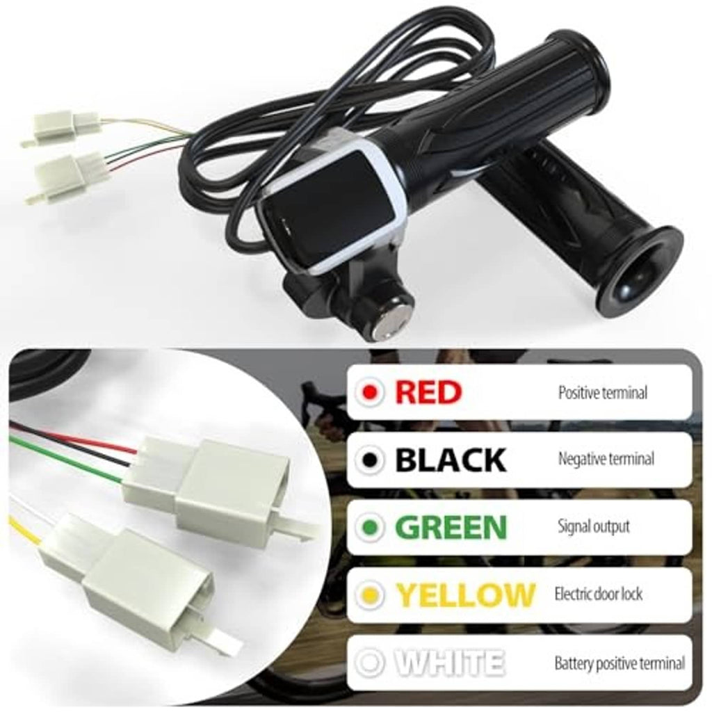 Twist throttle with LED display and black grips, connector harness with colored terminals