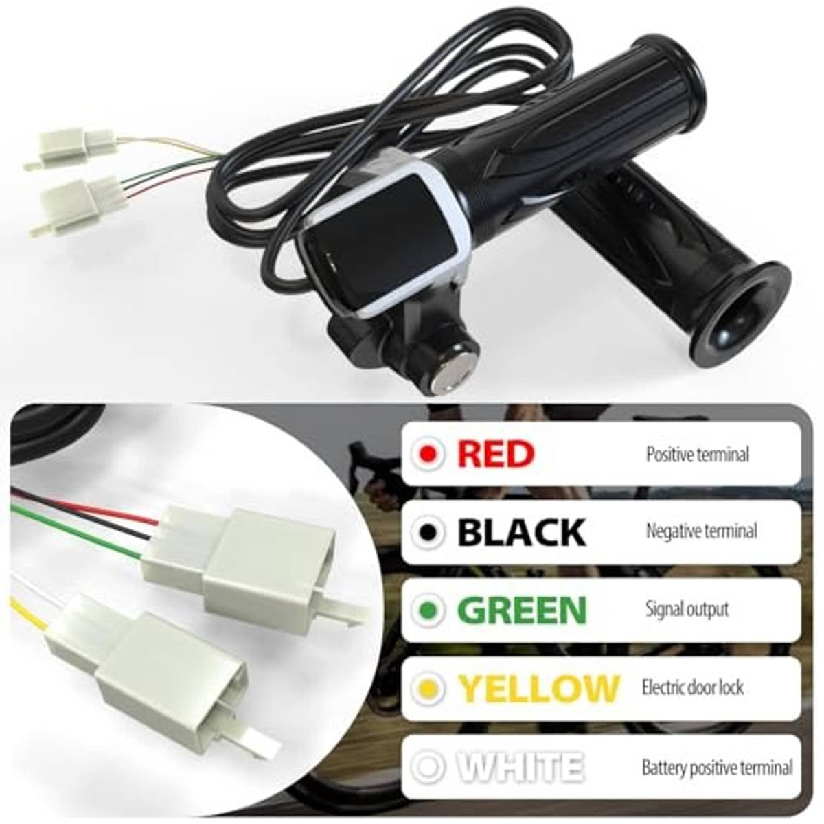 Twist throttle with LED display and black grips, connector harness with colored terminals