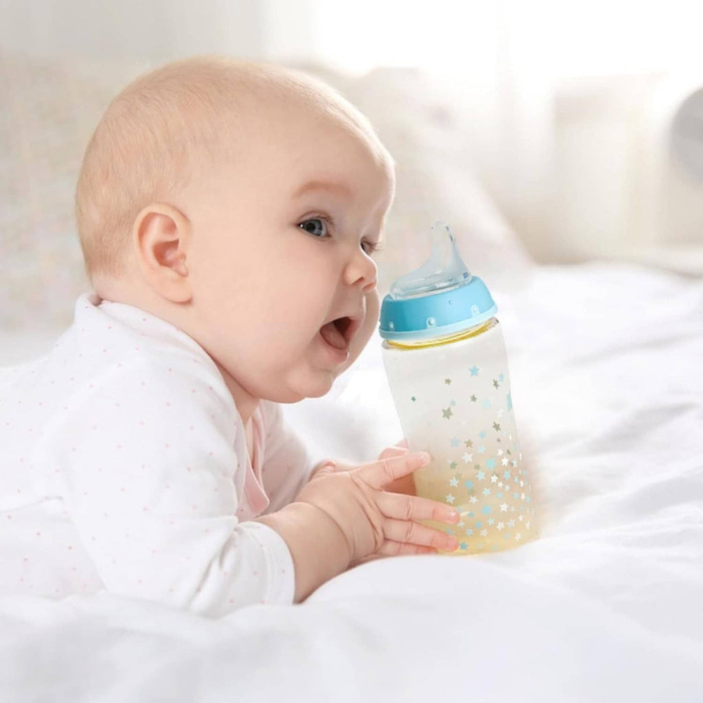 Baby bottle with silicone replacement spout and blue collar