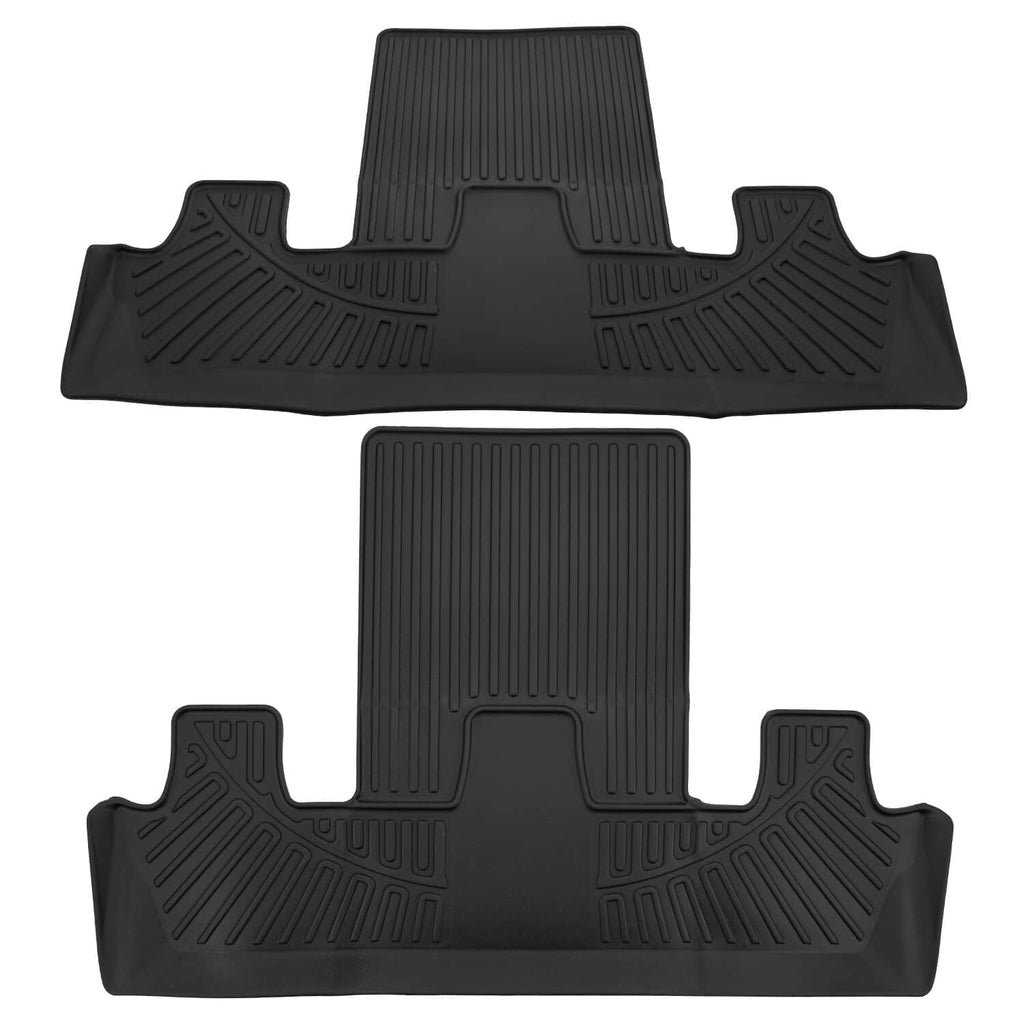 Black three-piece car floor mat set with deep channels and raised ridged patterns