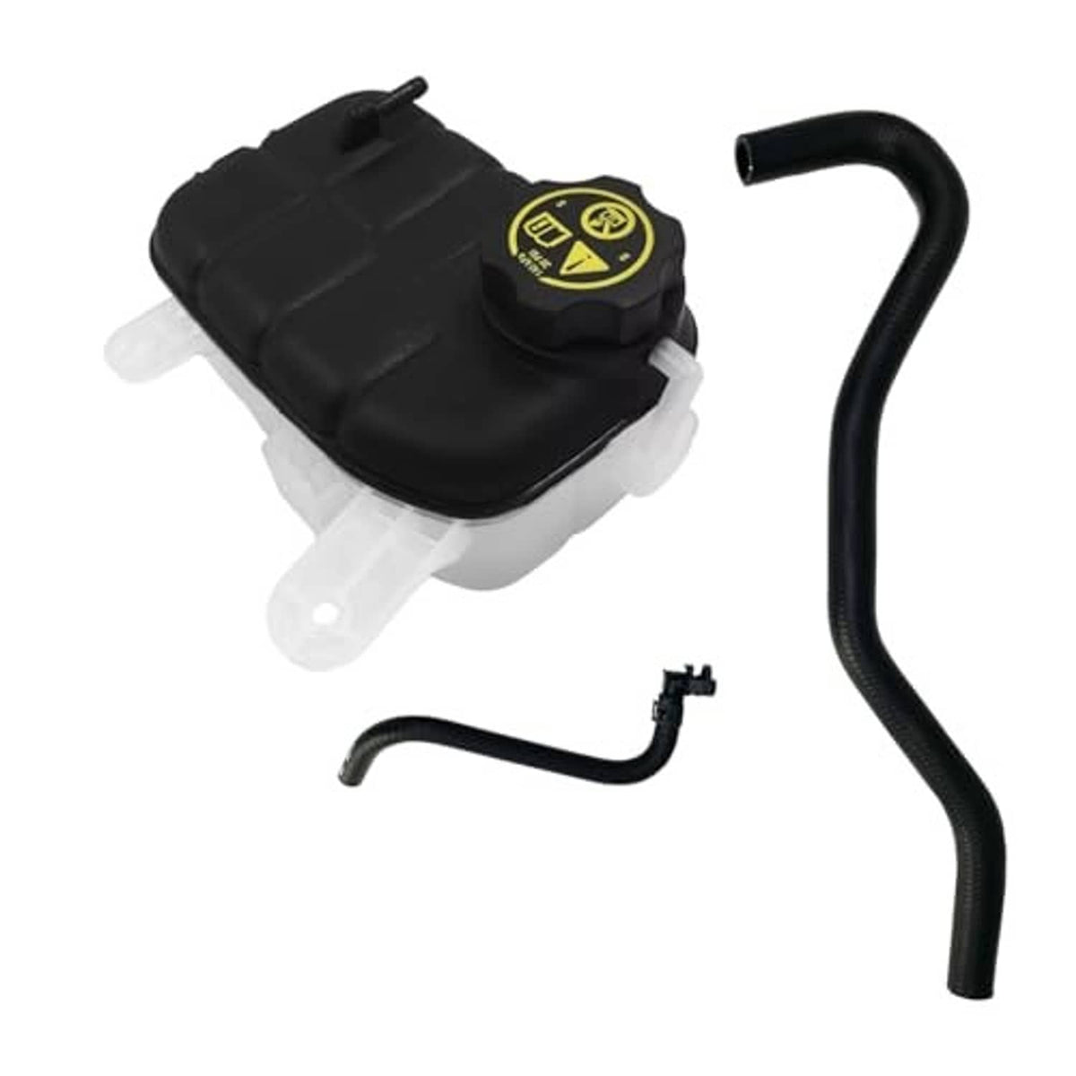 Black coolant reservoir tank with yellow cap and two included molded hose sections