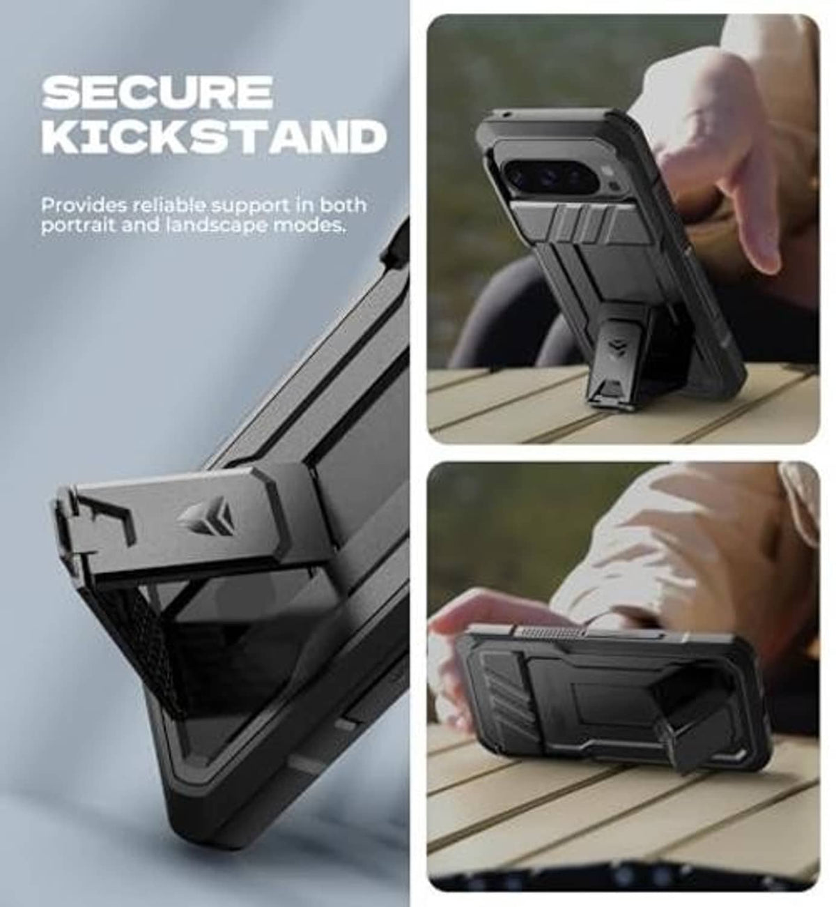 Black rugged phone case with secure kickstand showing landscape and portrait support