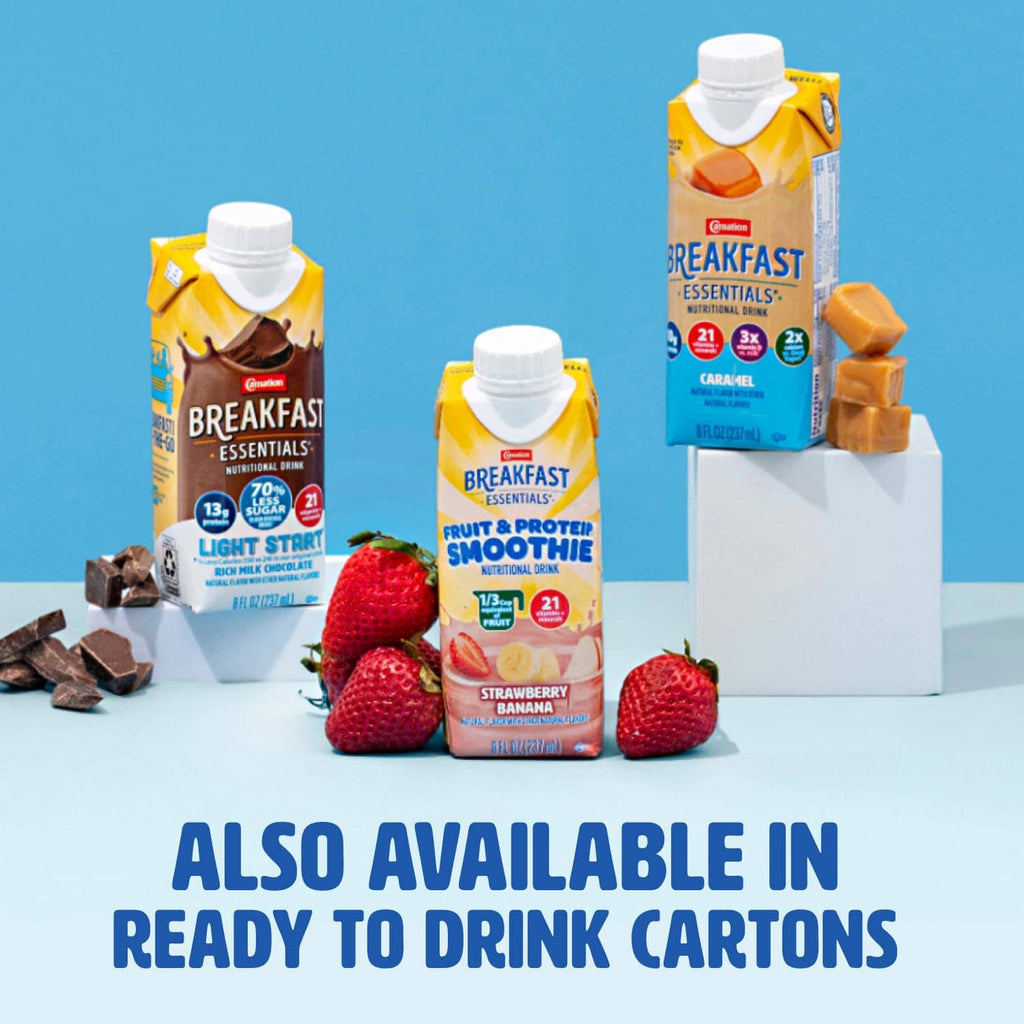 Breakfast Essentials powder drink mix cartons and packets with strawberries and chocolate pieces