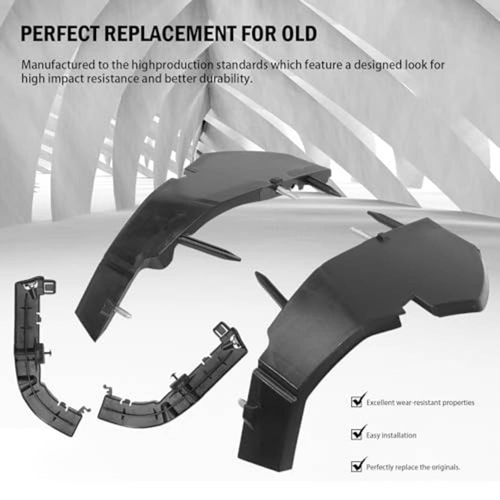 Front bumper bracket covers and brackets, dark plastic parts with mounting pins.
