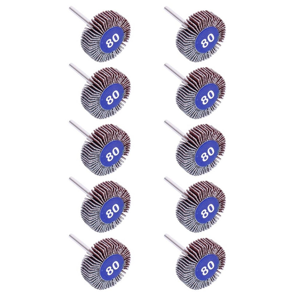 Set of 10 flap sanding wheels, 80-grit abrasive discs with metal shanks