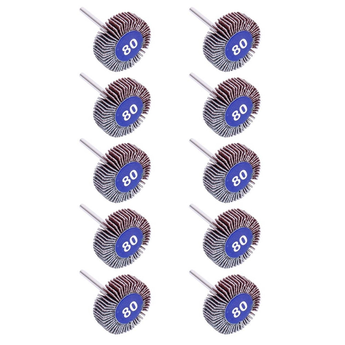 Set of 10 flap sanding wheels, 80-grit abrasive discs with metal shanks