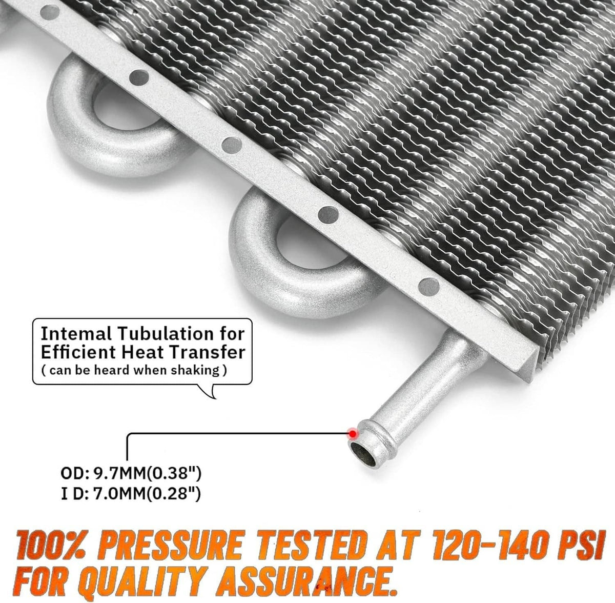 Oil cooler heat exchanger with reinforced end fittings and internal tubulation for heat transfer