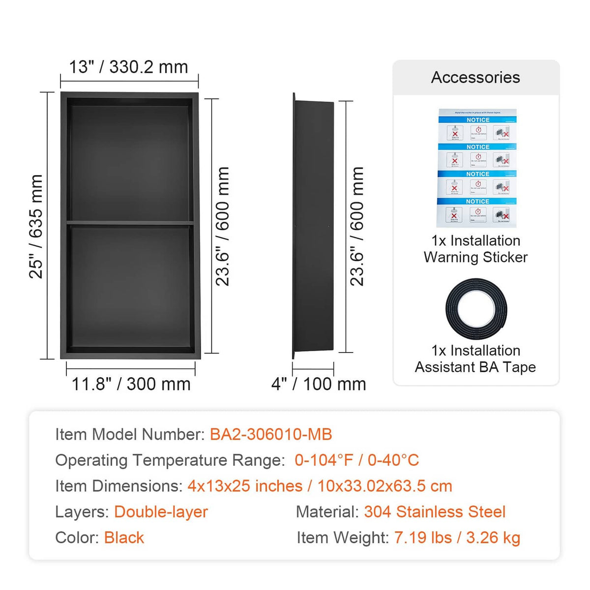 Black shower niche insert dimensions and included installation accessories in packaging