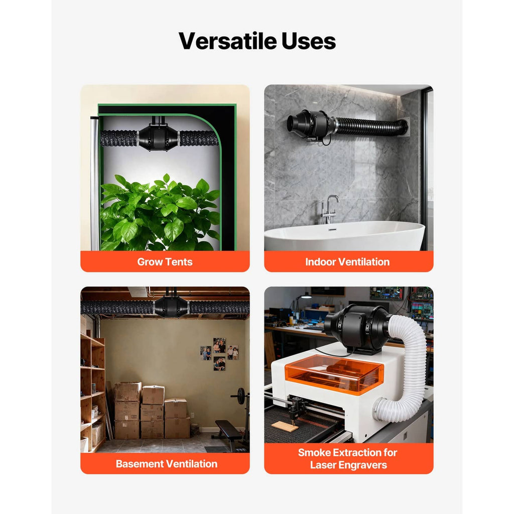 4-inch inline duct fan with duct connection shown for indoor ventilation and other uses.