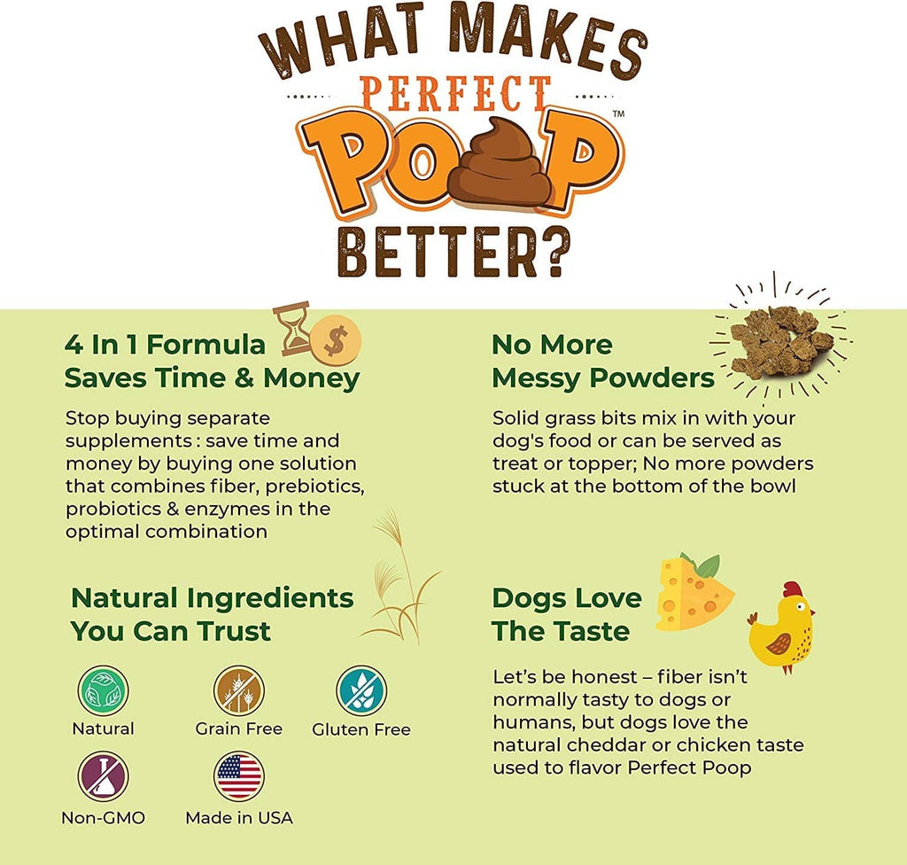 Dog digestion supplement benefits panel with ingredients, flavor, and quality badges