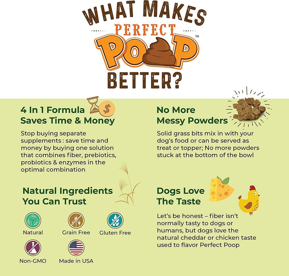Dog digestion supplement benefits panel with ingredients, flavor, and quality badges
