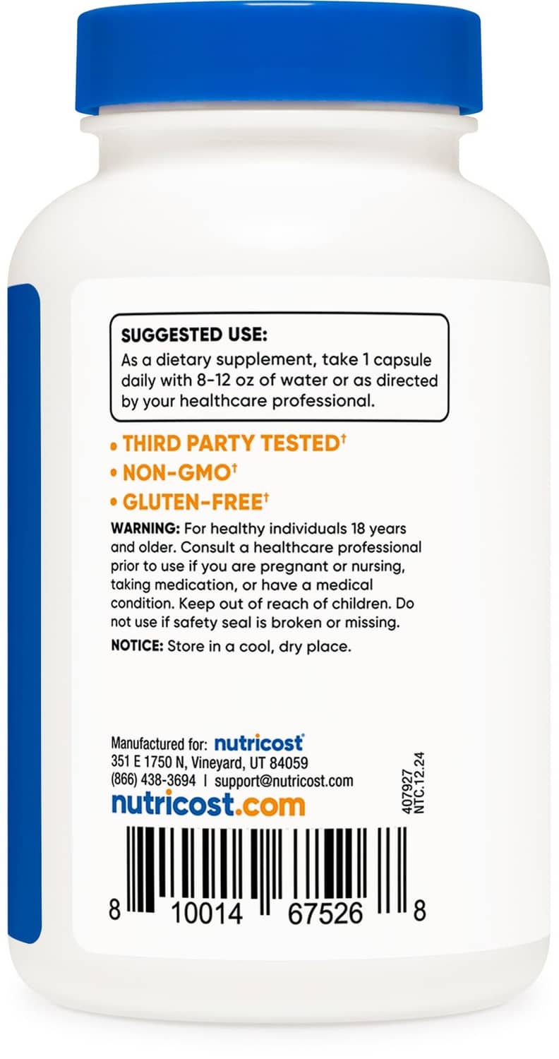 Biotin supplement bottle back label with directions and third-party testing info