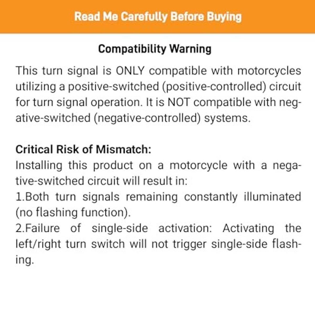 Compatibility warning card for motorcycle LED turn signal projector lights