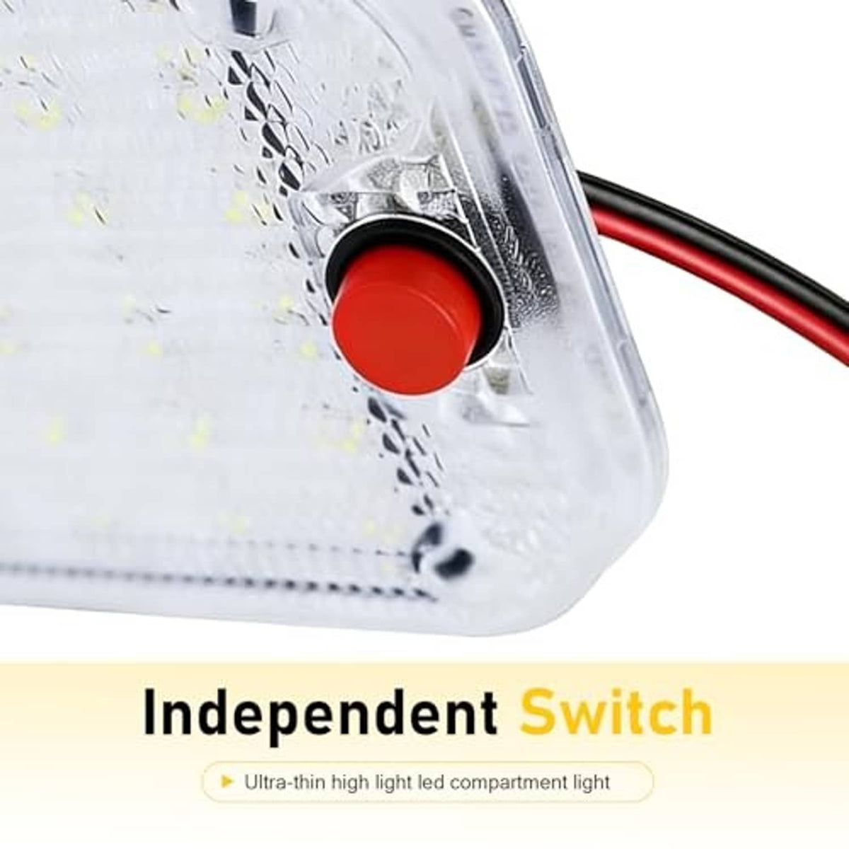 Close-up of clear car LED dome light with red switch and visible red/black wire leads