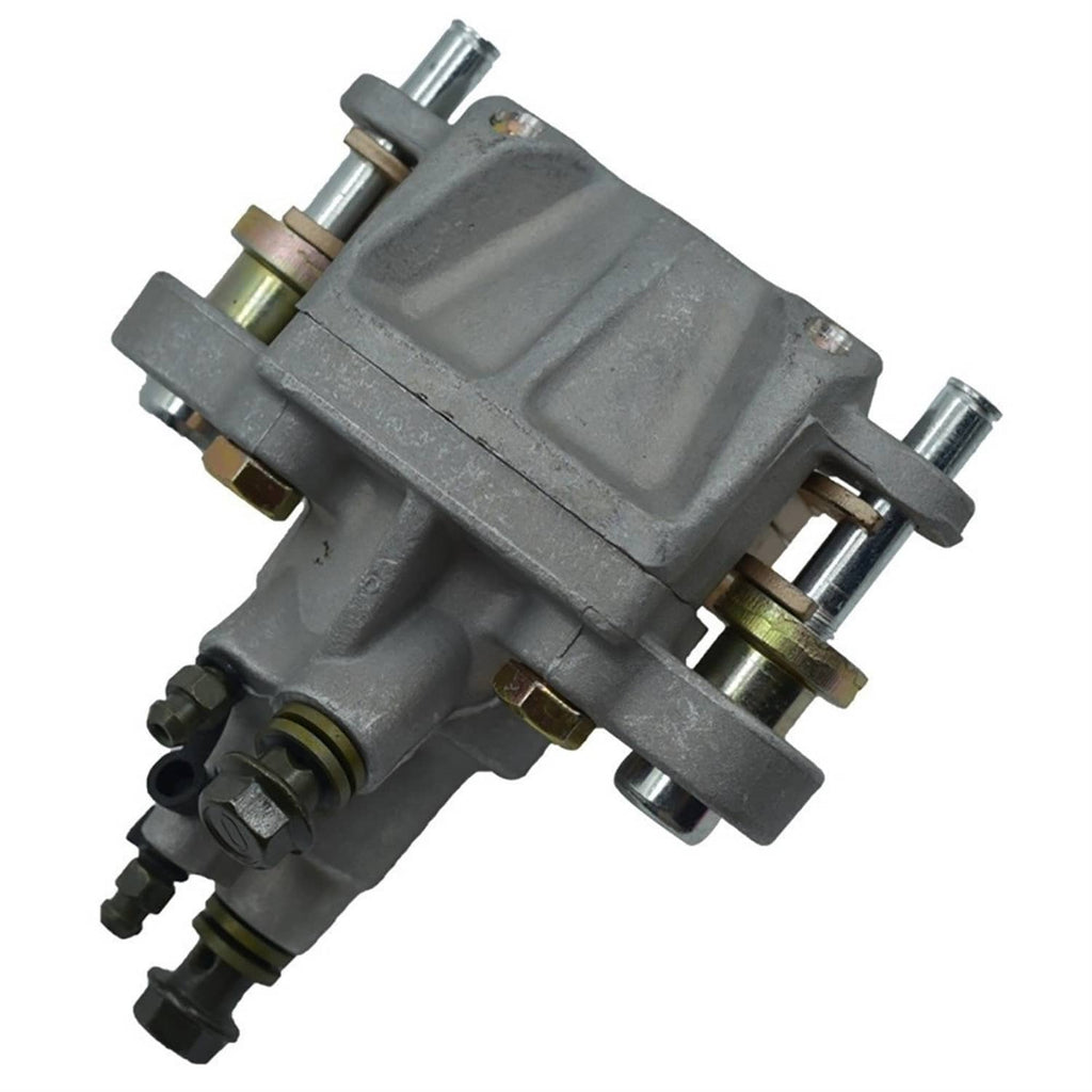 Rear brake master caliper with side fittings, gray cast body, and mounting hardware