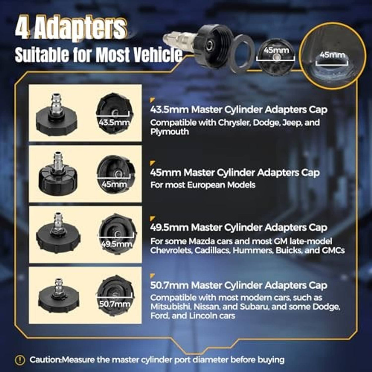Brake bleeder adapter caps set with four round fitting heads for master cylinder