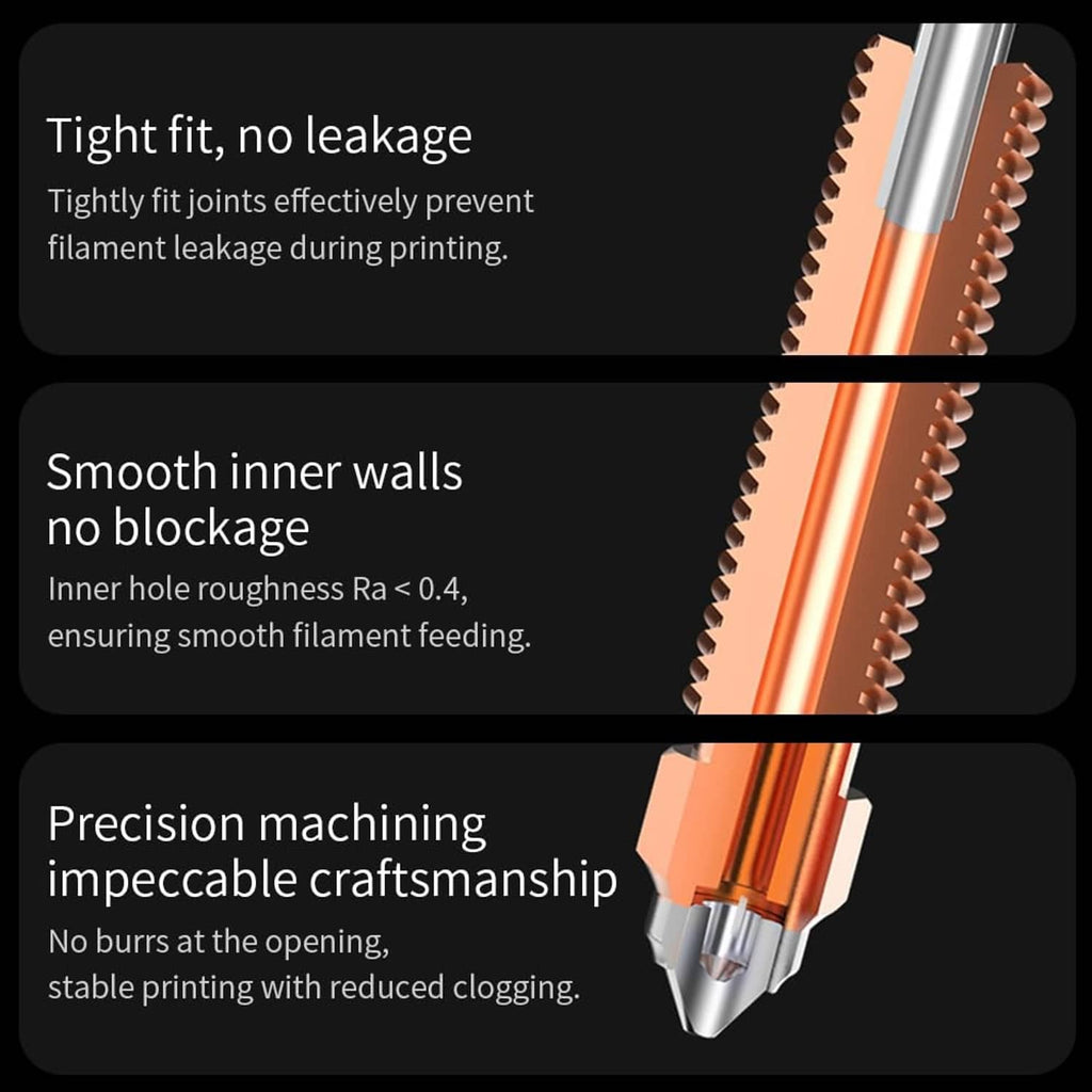 Close-up of copper 0.4mm nozzle with threaded metal barrel and precision tip
