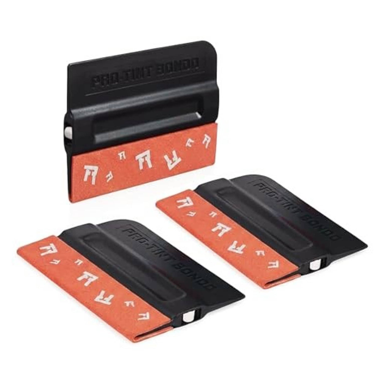 Three orange-and-black squeegee blades with felt edges and black handles, scratch-free design.