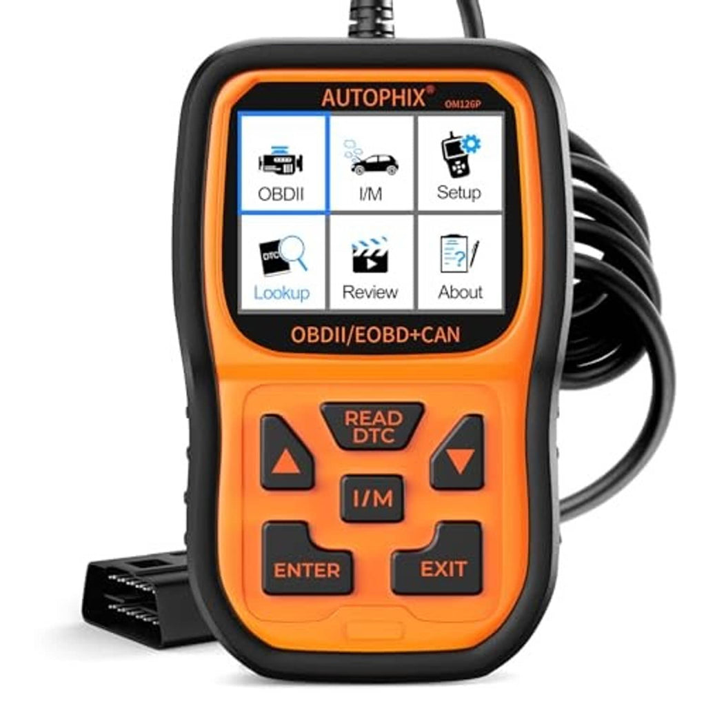 Orange and black handheld OBD2 scanner showing menu icons on the LCD screen