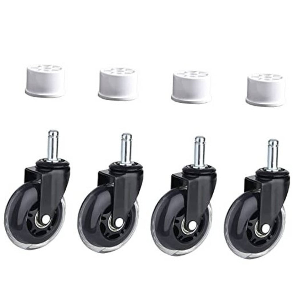 Set of black caster wheels with silver stem and white PVC pipe caps